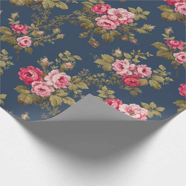 Elegant Vintage Pink Roses-Blue Background Wrapping Paper (Corner)