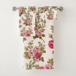Elegant Vintage Pink Roses-Buff Background Bath Towel Set