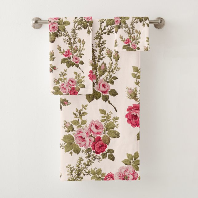 Elegant Vintage Pink Roses-Buff Background Bath Towel Set (Insitu)