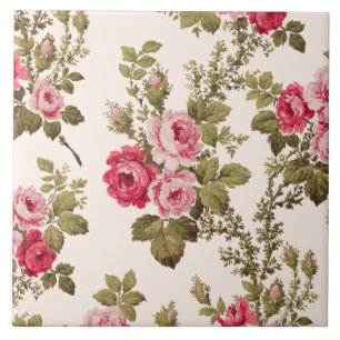 Elegant Vintage Pink Roses-Buff Background Ceramic Tile