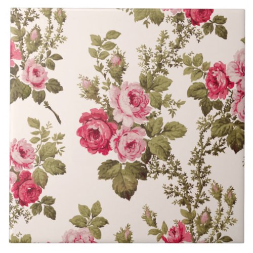 Elegant Vintage Pink Roses_Buff Background Ceramic Tile