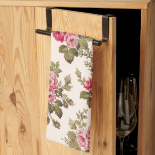 Elegant Vintage Pink Roses-Buff Background Kitchen Towel
