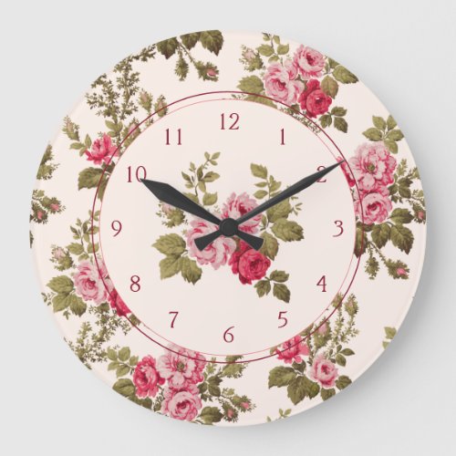 Elegant Vintage Pink Roses_Buff Background Large Clock
