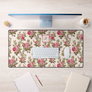 Elegant Vintage Pink Roses-Buff BG/Monogram Desk Mat