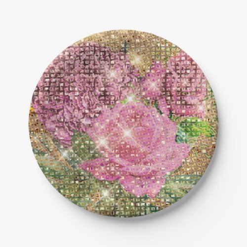 Elegant Vintage Pink Roses Flowers Glitter Sparkle Paper Plates