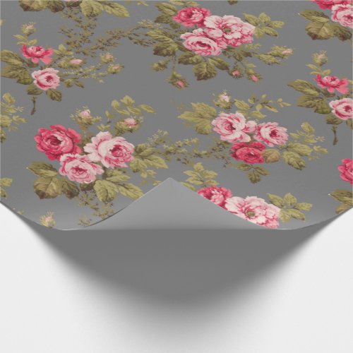 Elegant Vintage Pink Roses_Gray Background Wrapping Paper