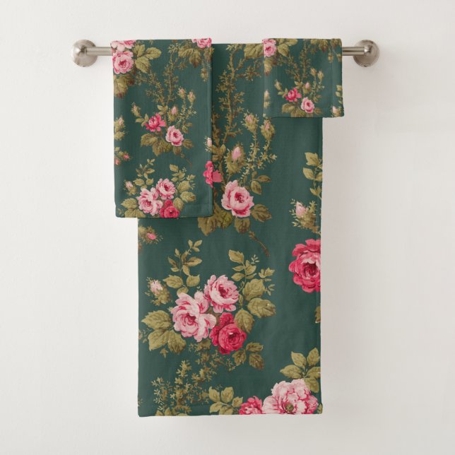 Elegant Vintage Pink Roses-Green Background Bath Towel Set (Insitu)