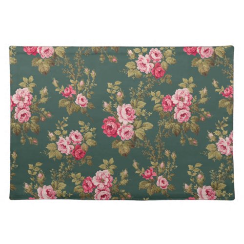 Elegant Vintage Pink Roses_Green Background Cloth Placemat