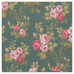 Elegant Vintage Pink Roses-Green Background Fabric