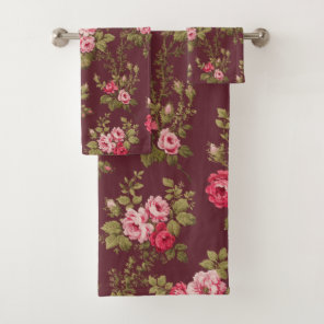 Elegant Vintage Pink Roses-Maroon Background Bath Towel Set