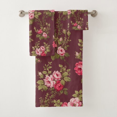 Elegant Vintage Pink Roses_Maroon Background Bath Towel Set
