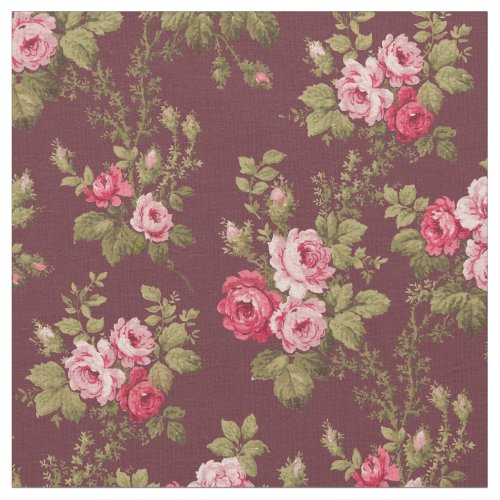 Elegant Vintage Pink Roses_Maroon Background Fabric
