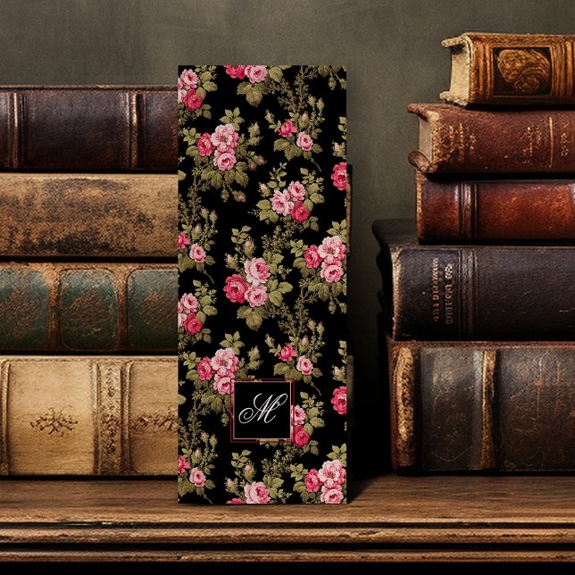 Elegant Vintage Pink Roses/Monogram-Black BG Bookmarks (Creator Uploaded)