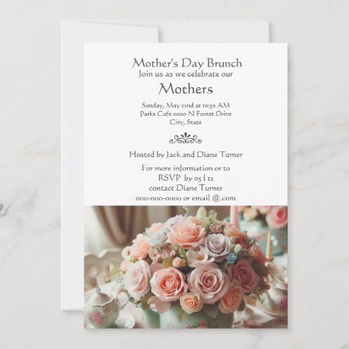 Elegant Vintage Pink Roses Mothers Day Brunch  Invitation