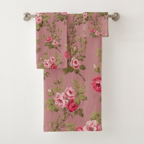 Elegant Vintage Pink Roses_Old Rose Background Bath Towel Set