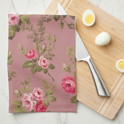 Elegant Vintage Pink Roses_Old Rose Background Kitchen Towel