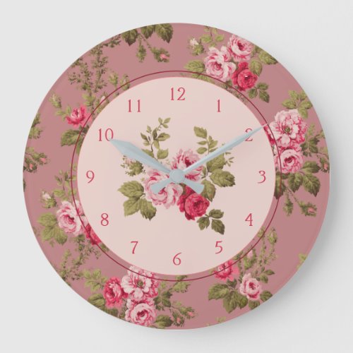 Elegant Vintage Pink Roses_Old Rose Background Large Clock