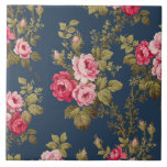 Elegant Vintage Pink Roses on Blue Background Ceramic Tile<br><div class="desc">Gorgeous sprays of elegant romantic pink roses and lush green foliage on dark blue background. Pattern is seamless and can be resized up or down using the scale   and - buttons in the design tool.</div>