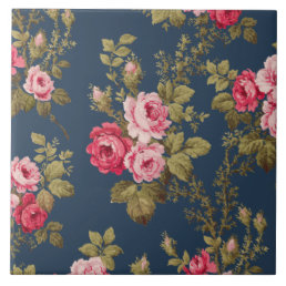 Elegant Vintage Pink Roses on Blue Background Ceramic Tile