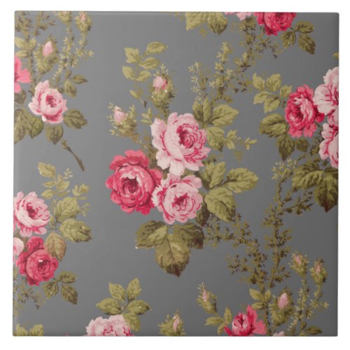 Elegant Vintage Pink Roses on Gray Background Ceramic Tile