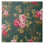 Elegant Vintage Pink Roses on Green Background Ceramic Tile<br><div class="desc">Gorgeous sprays of elegant romantic pink roses and lush green foliage on dark green background. Pattern is seamless and can be resized up or down using the scale   and - buttons in the design tool.</div>