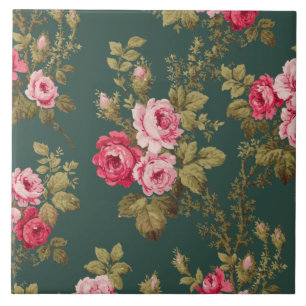 Elegant Vintage Pink Roses on Green Background Ceramic Tile