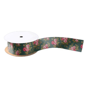 Elegant Vintage Pink Roses on Green Background Satin Ribbon