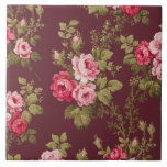 Elegant Vintage Pink Roses on Maroon Background Ceramic Tile<br><div class="desc">Gorgeous sprays of elegant romantic pink roses and lush green foliage on dark maroon background. Pattern is seamless and can be resized up or down using the scale   and - buttons in the design tool.</div>