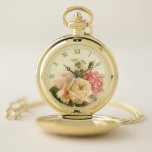 Elegant Vintage Pink Roses Pocket Watch<br><div class="desc">Lovely and romantic pastel peach,  cream and pink roses from antique floral lithograph illustration. Optional gold Roman numeral dial.</div>