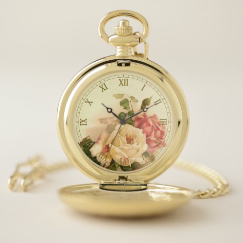 Elegant Vintage Pink Roses Pocket Watch
