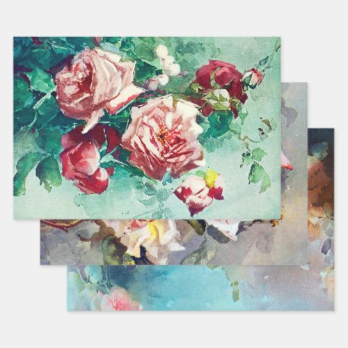 Elegant Vintage Pink Roses Watercolor Art Painting Wrapping Paper Sheets