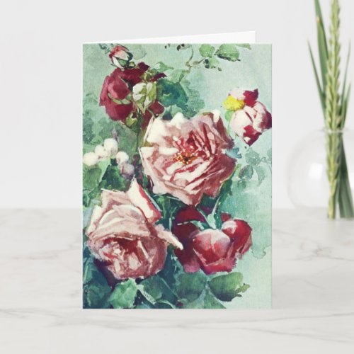 Elegant Vintage Pink Roses Watercolor Painting Card
