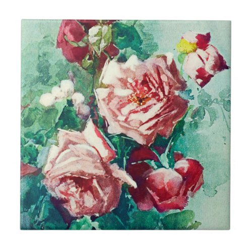 Elegant Vintage Pink Roses Watercolor Painting Ceramic Tile