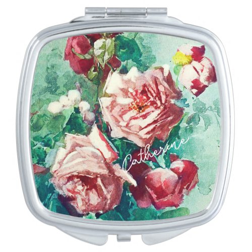 Elegant Vintage Pink Roses Watercolor Painting  Compact Mirror