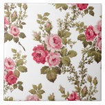 Elegant Vintage Pink Roses-White Background Ceramic Tile<br><div class="desc">Gorgeous sprays of elegant romantic pink roses and lush green foliage on white background. Pattern is seamless and can be resized up or down using the scale   and - buttons in the design tool.</div>