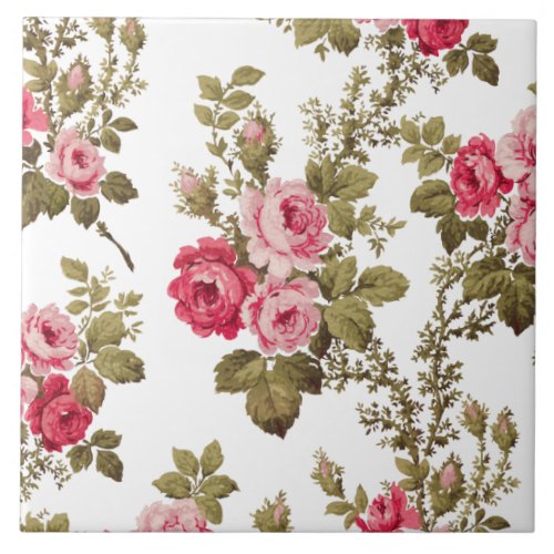 Elegant Vintage Pink Roses_White Background Ceramic Tile