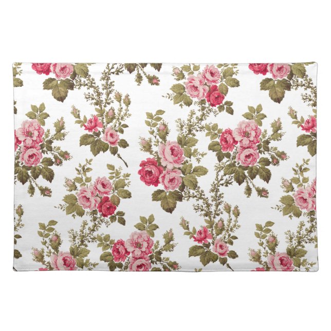 Elegant Vintage Pink Roses-White Background Cloth Placemat (Front)