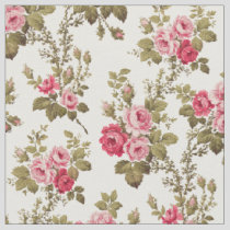 Elegant Vintage Pink Roses-White Background Fabric