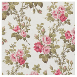 Elegant Vintage Pink Roses-White Background Fabric