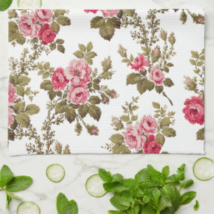Elegant Vintage Pink Roses-White Background Kitchen Towel