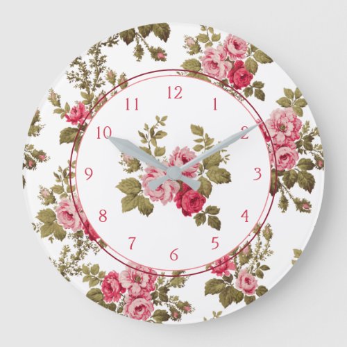 Elegant Vintage Pink Roses_White Background Large Clock