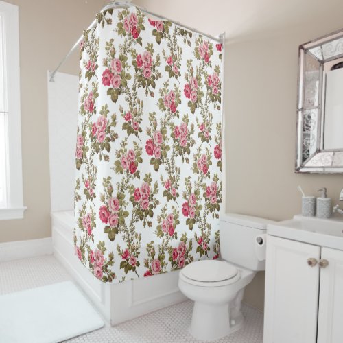 Elegant Vintage Pink Roses_White Background Shower Curtain