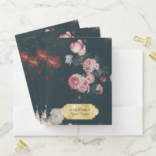 Elegant Vintage Pink Roses with Gold Name Tag Pocket Folder