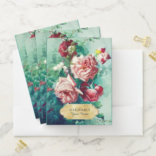 Elegant Vintage Pink Roses with Gold Name Tag Pocket Folder
