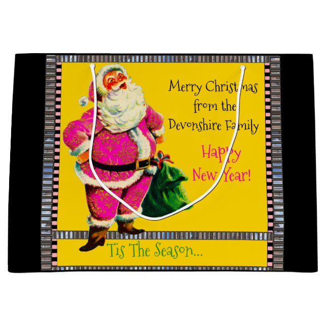 Elegant Vintage pink Santa Christmas Large Gift Bag (Front)