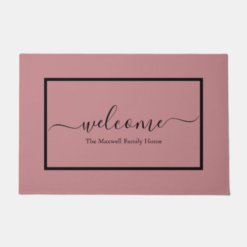Elegant vintage pink script family name welcome doormat