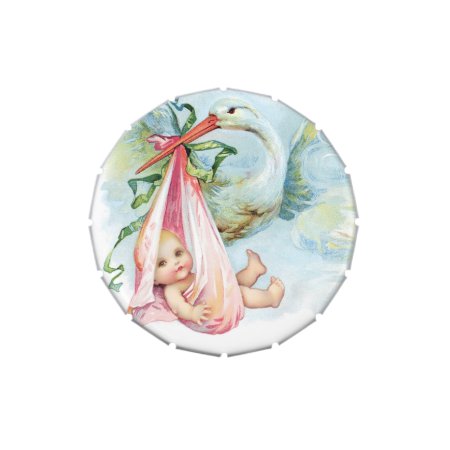 Elegant Vintage Pink Stork Baby Shower Mints Candy Tin