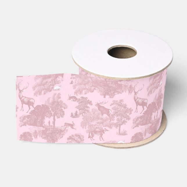 Elegant Vintage Pink Toile Deer Woodland Grosgrain Ribbon (Spool)