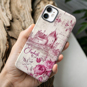 Elegant Vintage Pink Toile Monogram Castle Floral iPhone 16 Pro Case