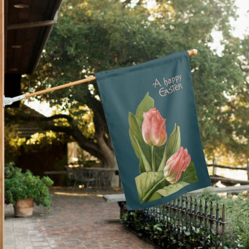 Elegant Vintage Pink Tulips and Easter Greeting House Flag